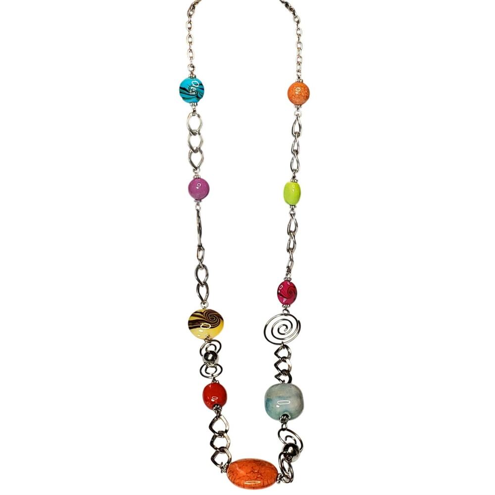 Silver Tone Extra Long Colorful Bohemian Necklace 36" Retro